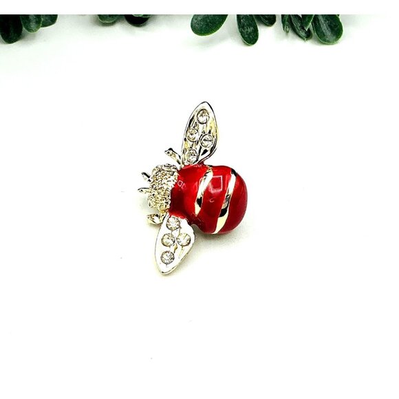 Vintage Style Red and Gold Enamel Bee Brooch With Rhinestone Accents - Picture 1 of 6